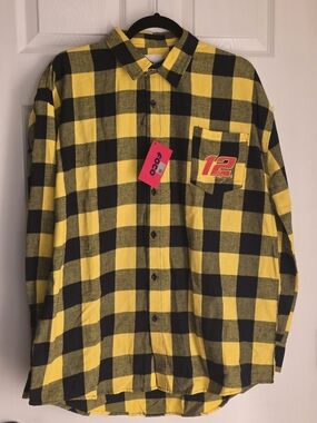 Nascar Yellow and Black Plaid Button-Down Shirt
